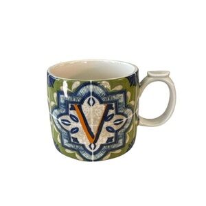Anthropologie Mezze Monogram Initial V Green Blue Tile Design Coffee Tea Mug Cup